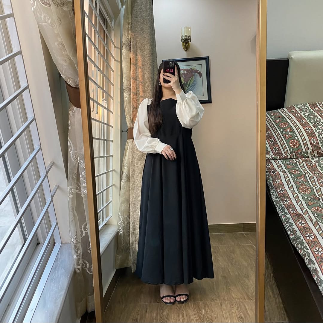 Classic Black Maxi Dress with Elegant White Chiffon Sleeves