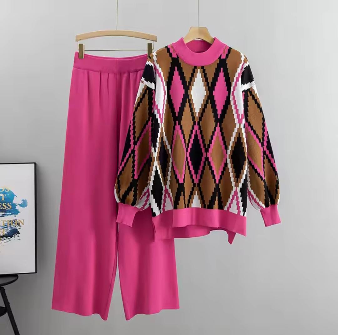 Cozy Fleece-Lined Argyle Sweater & Palazzo Pant Set
