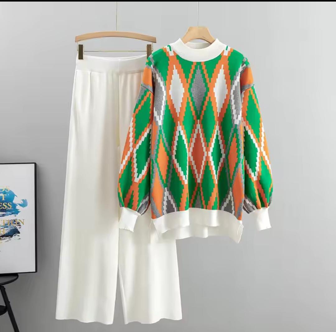 Cozy Fleece-Lined Argyle Sweater & Palazzo Pant Set