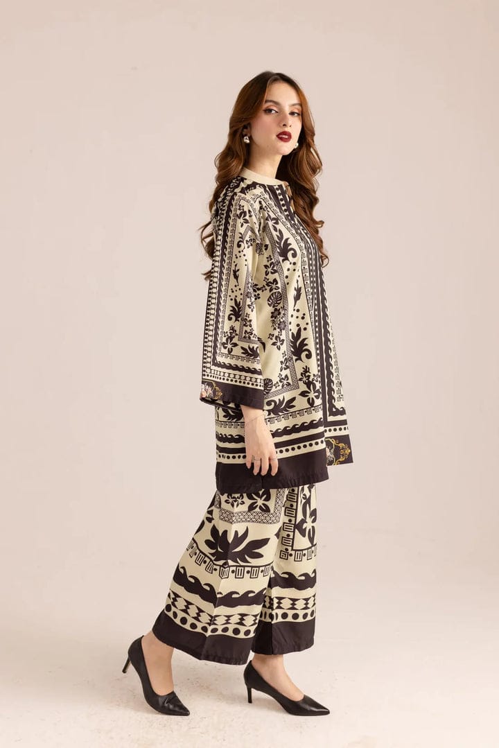 Noor Luxe Printed Co-Ord Set – Cream & Ebony