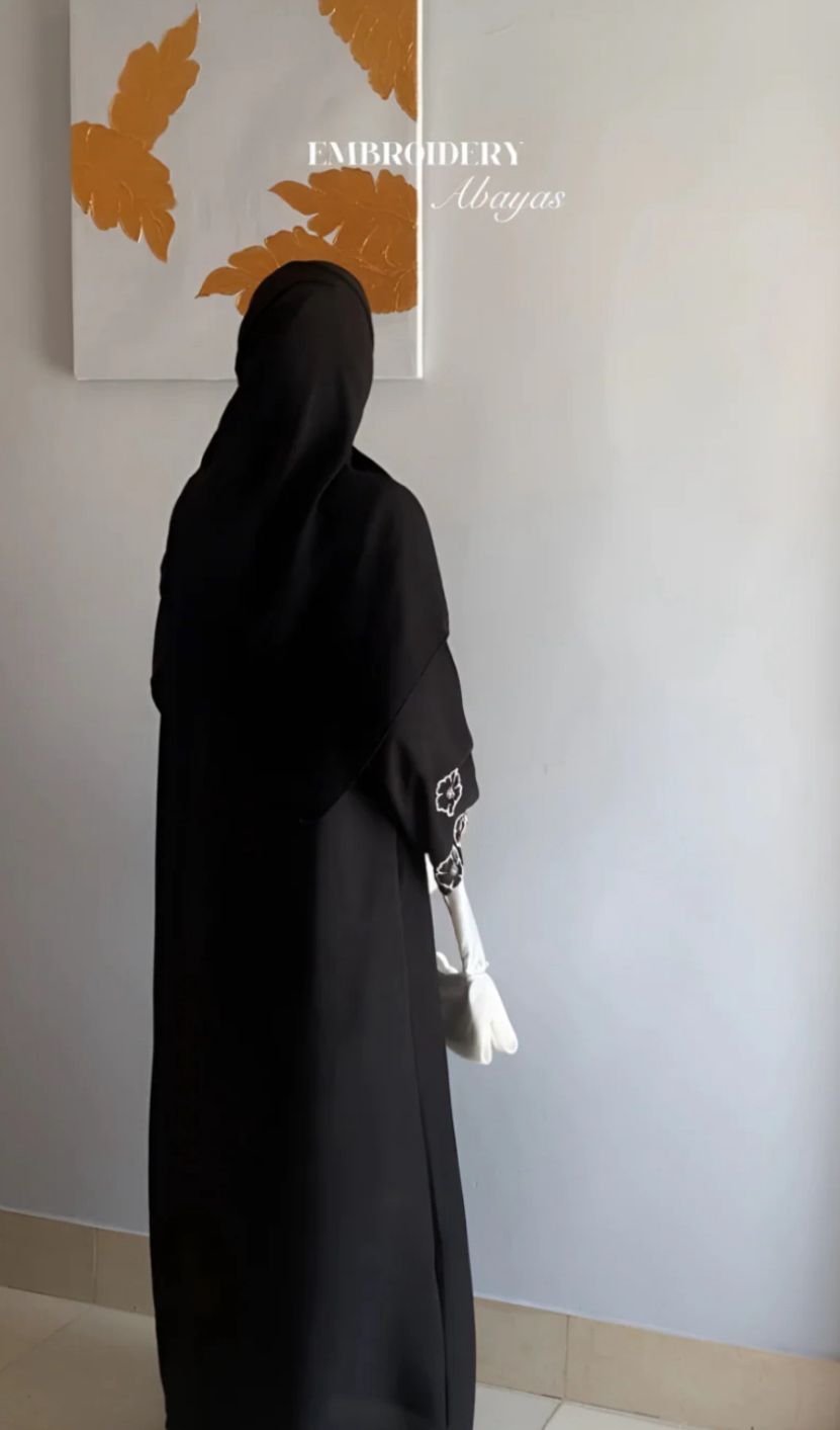 Elegant Black Abaya with White Floral Sleeve Embroidery