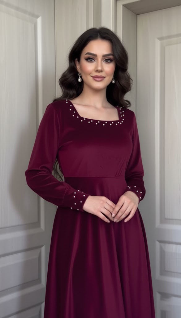 Luxurious Long-Sleeve Velvet Gown with Beaded Neckline and Cuffs
