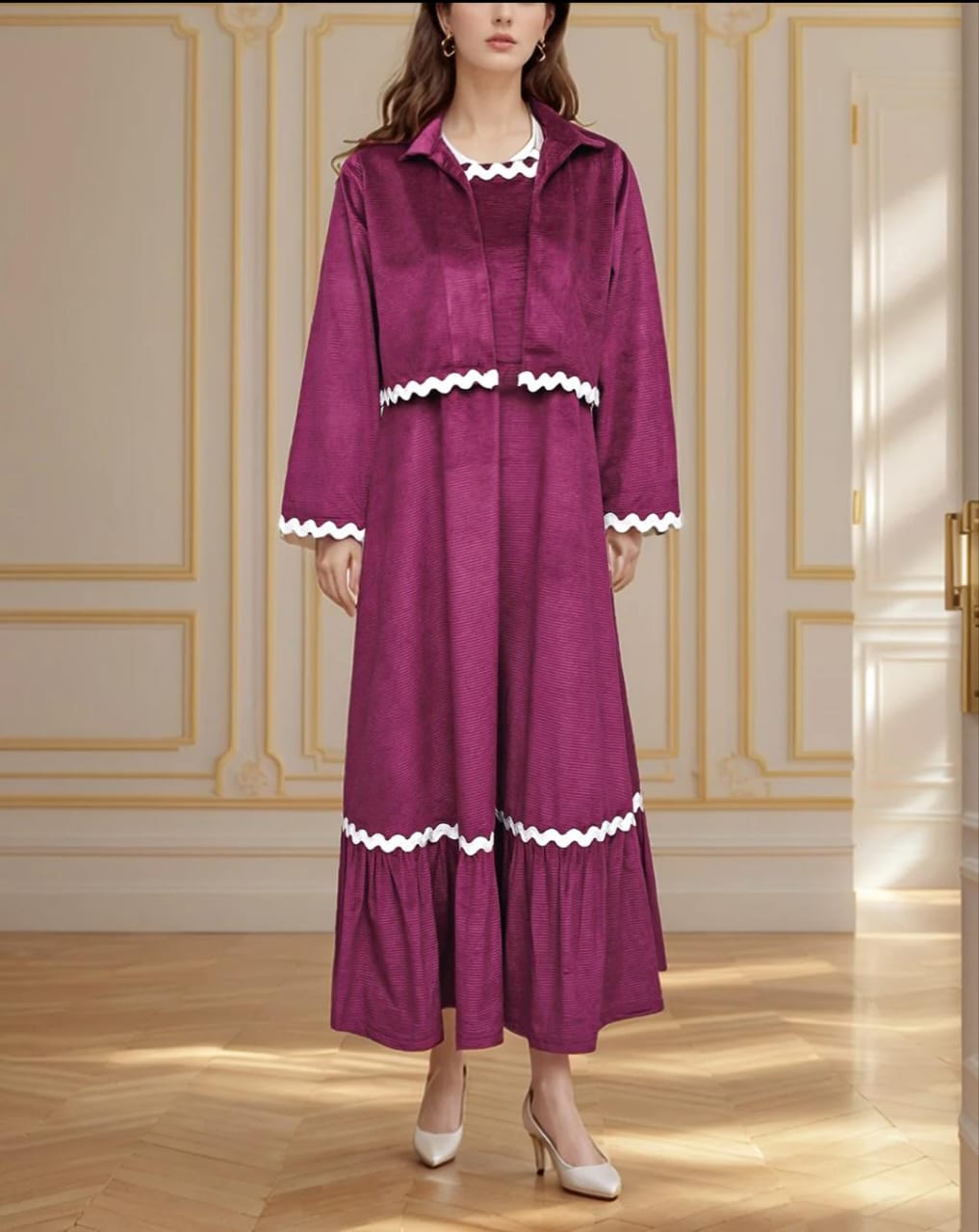 Elegant Berry Velvet Midi Dress with Contrast Trim Jacket Set