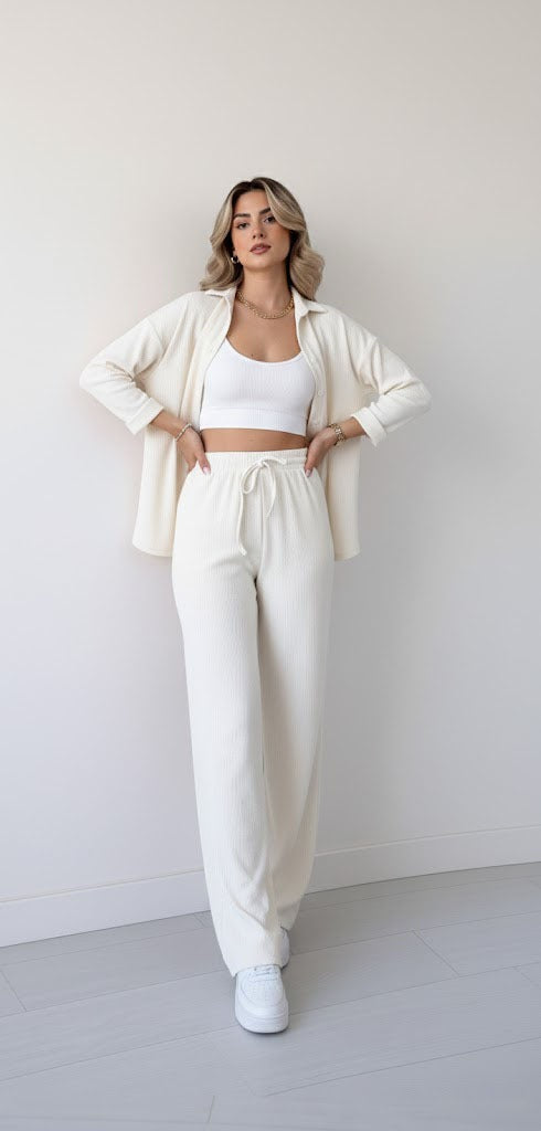 The Comfort Chic Ribbed Co-ord Set - Button-Down Shirt & Relaxed Pants