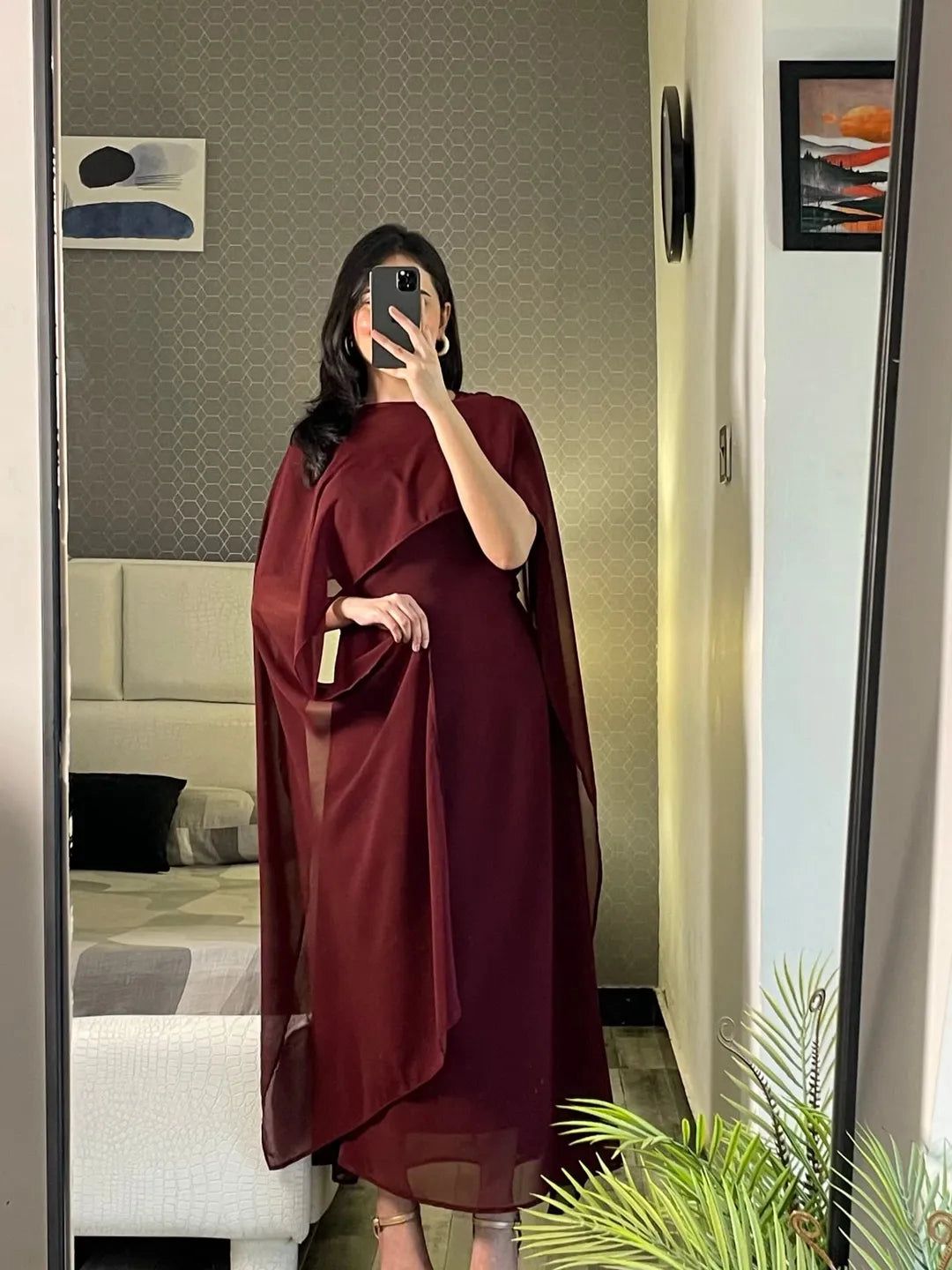 Graceful Cape Shawl Dress MAROON – Badam