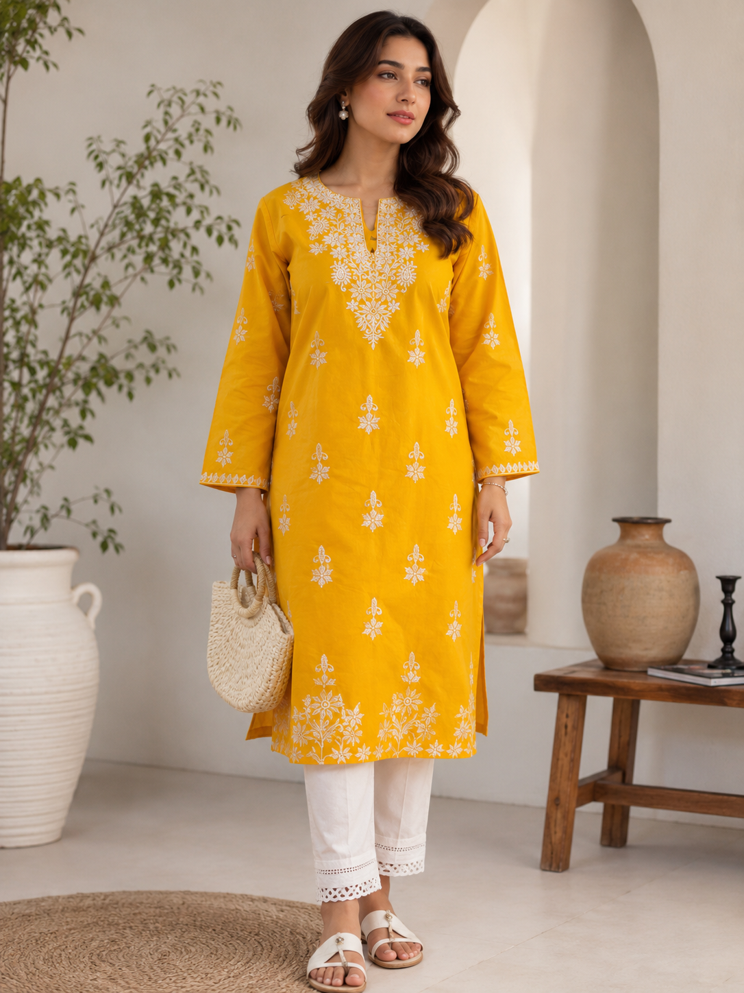 yellow Embroided Indian Kurti
