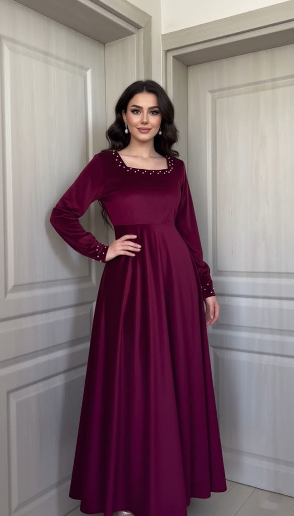 Luxurious Long-Sleeve Velvet Gown with Beaded Neckline and Cuffs
