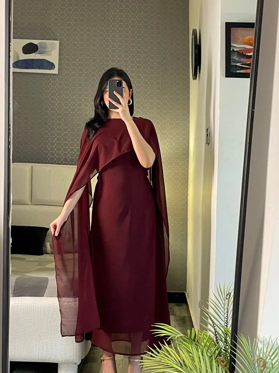 Graceful Cape Shawl Dress MAROON Badam Graceful Cape Shawl Dress MAROON Badam