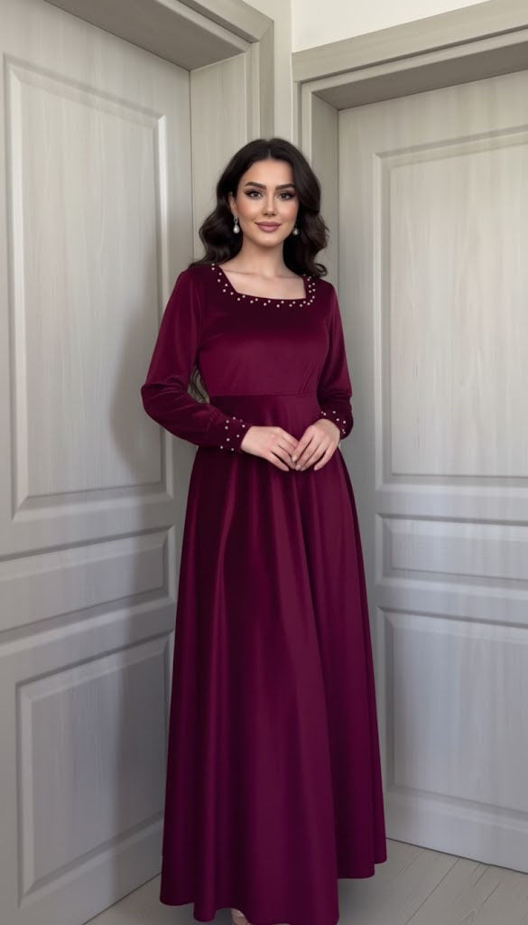 Luxurious Long-Sleeve Velvet Gown with Beaded Neckline and Cuffs