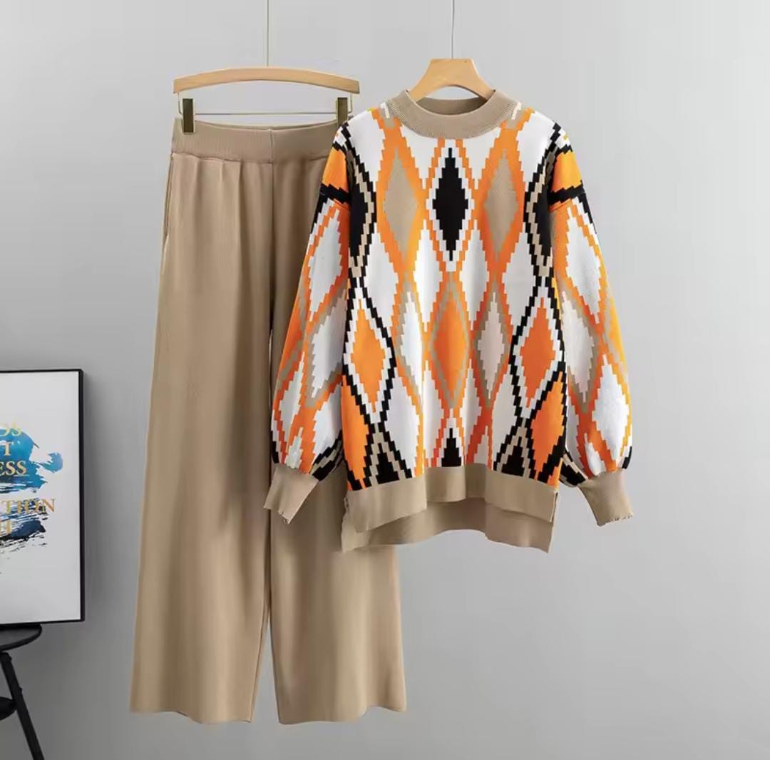Cozy Fleece-Lined Argyle Sweater & Palazzo Pant Set