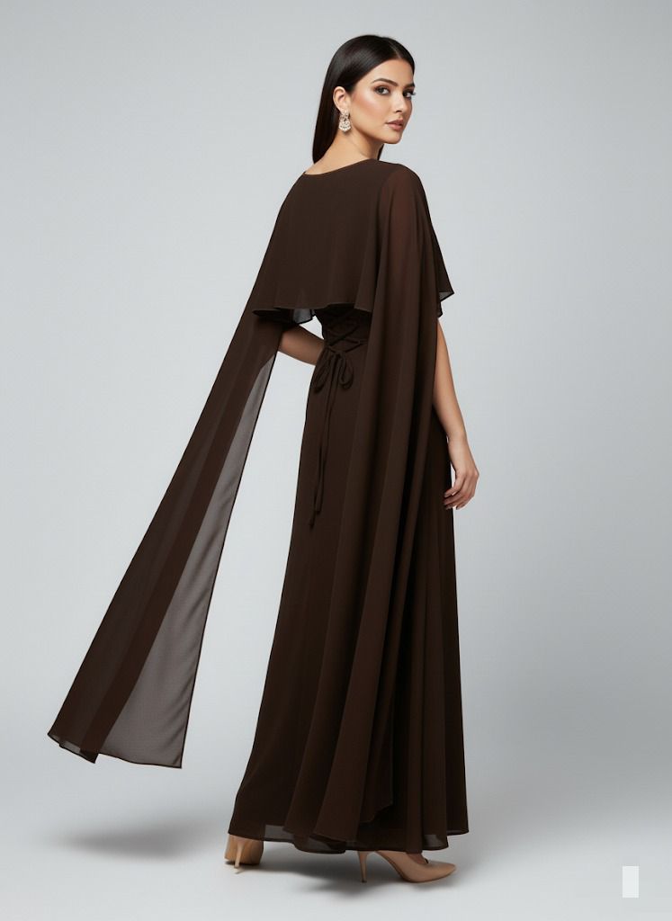 Graceful Cape Shawl Dress BROWN