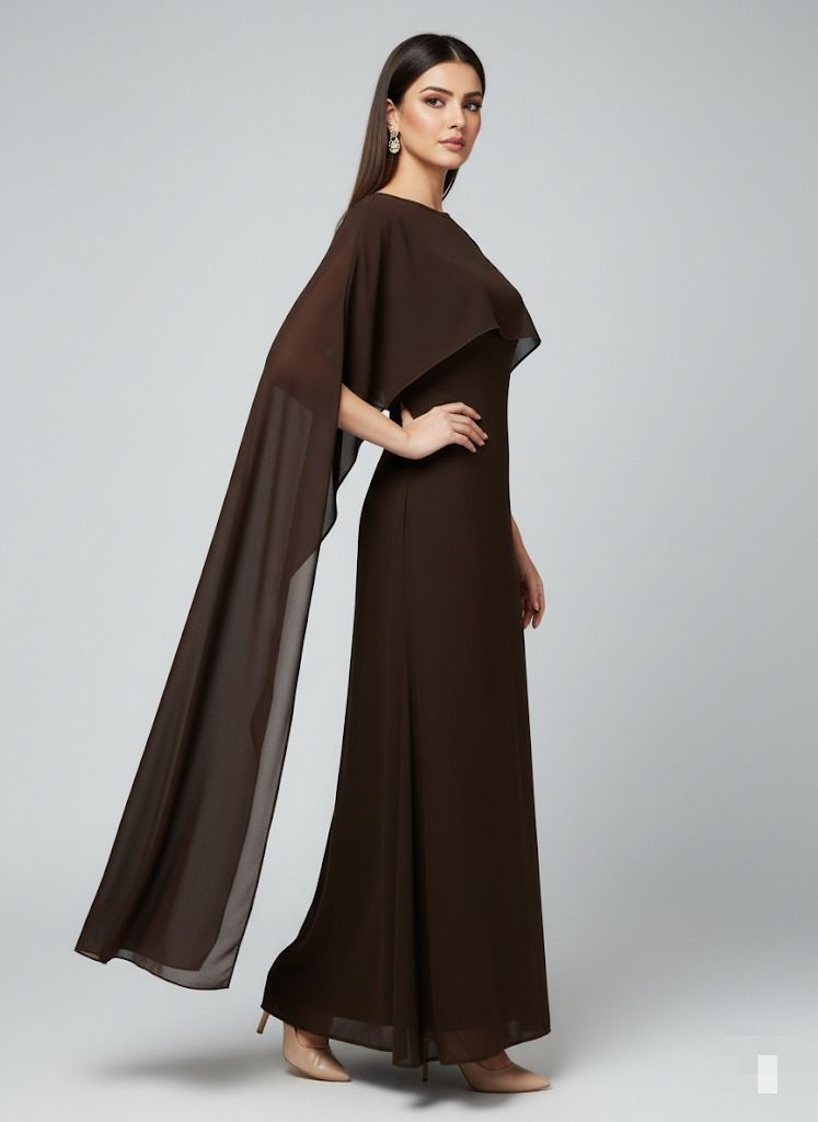 Graceful Cape Shawl Dress BROWN