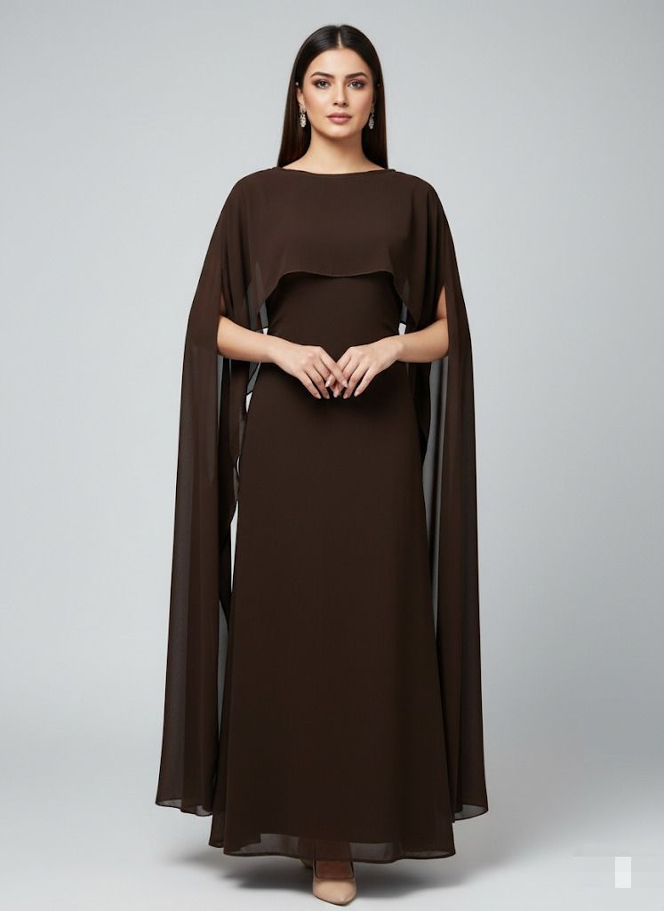 Graceful Cape Shawl Dress BROWN