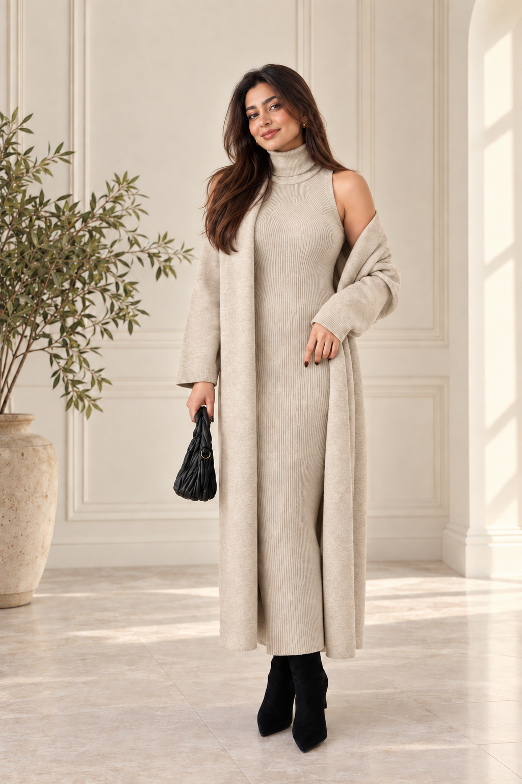 2-Piece Winter Co-ord Set – Long Shrug & Knitted Turtleneck Dress