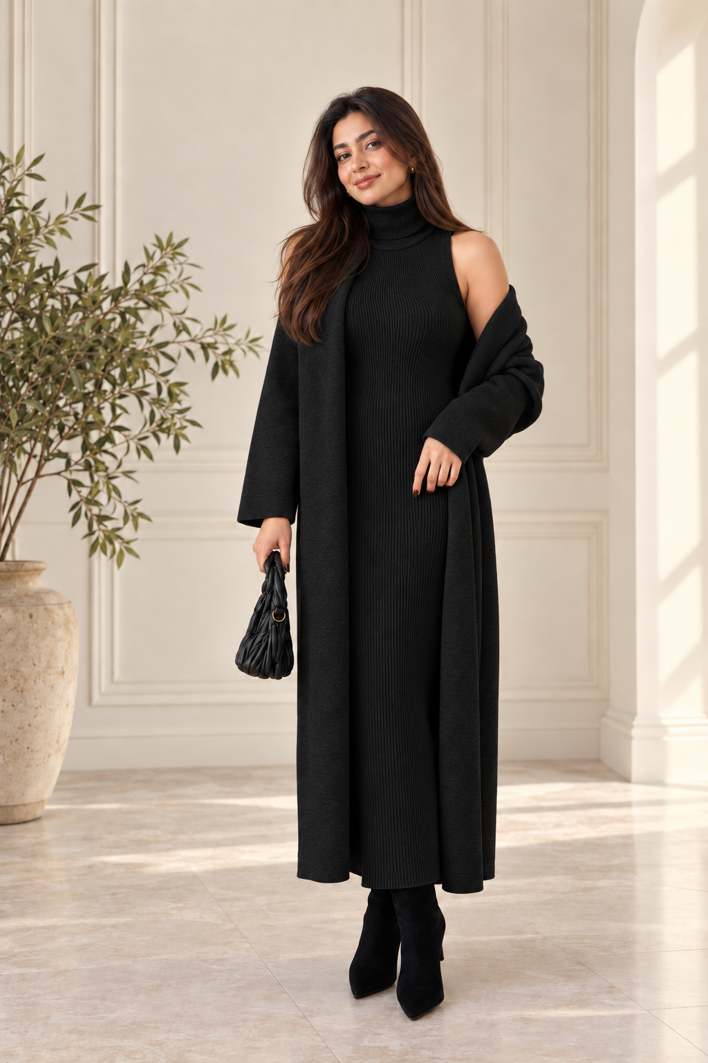 2-Piece Winter Co-ord Set – Long Shrug & Knitted Turtleneck Dress