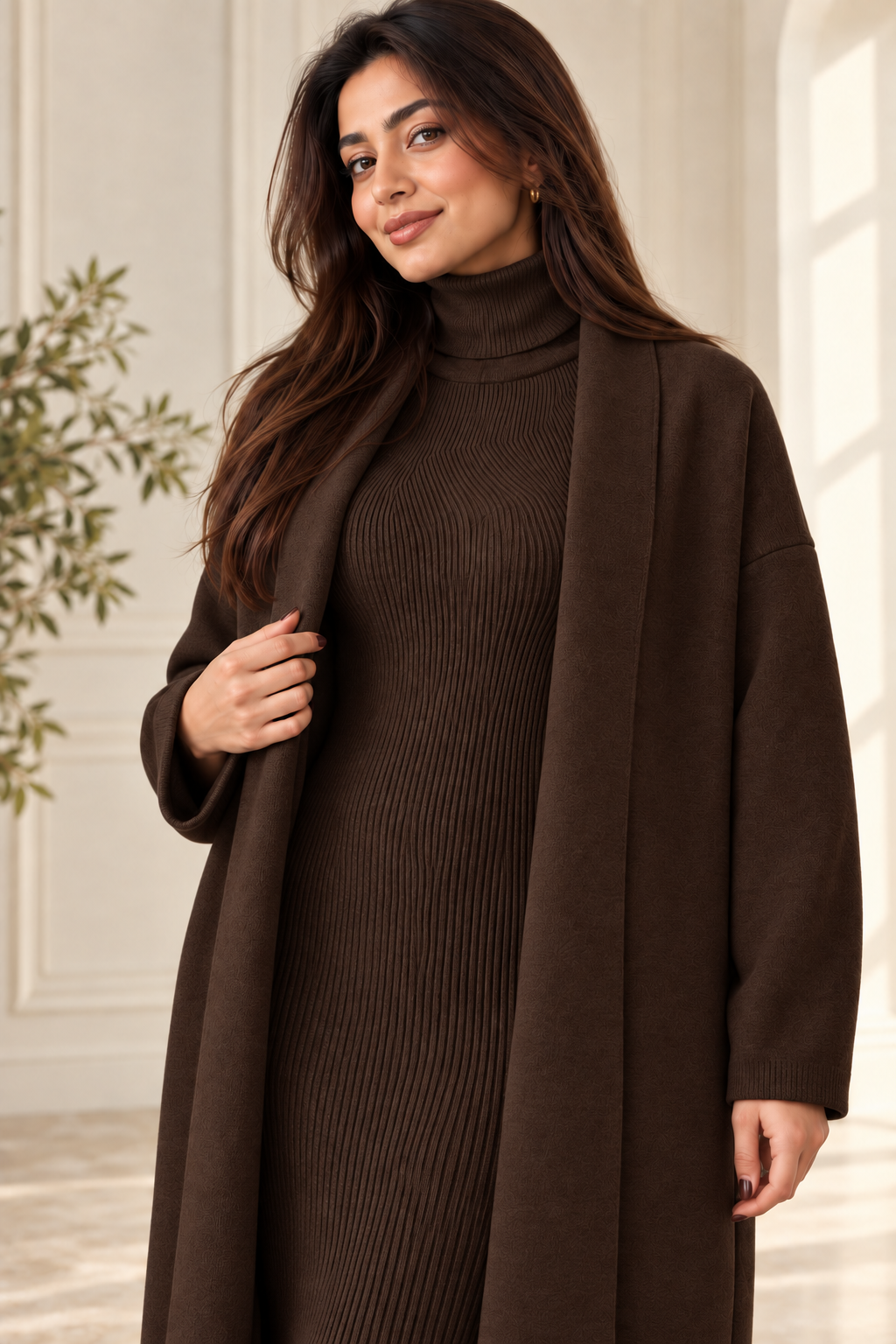 2-Piece Winter Co-ord Set – Long Shrug & Knitted Turtleneck Dress