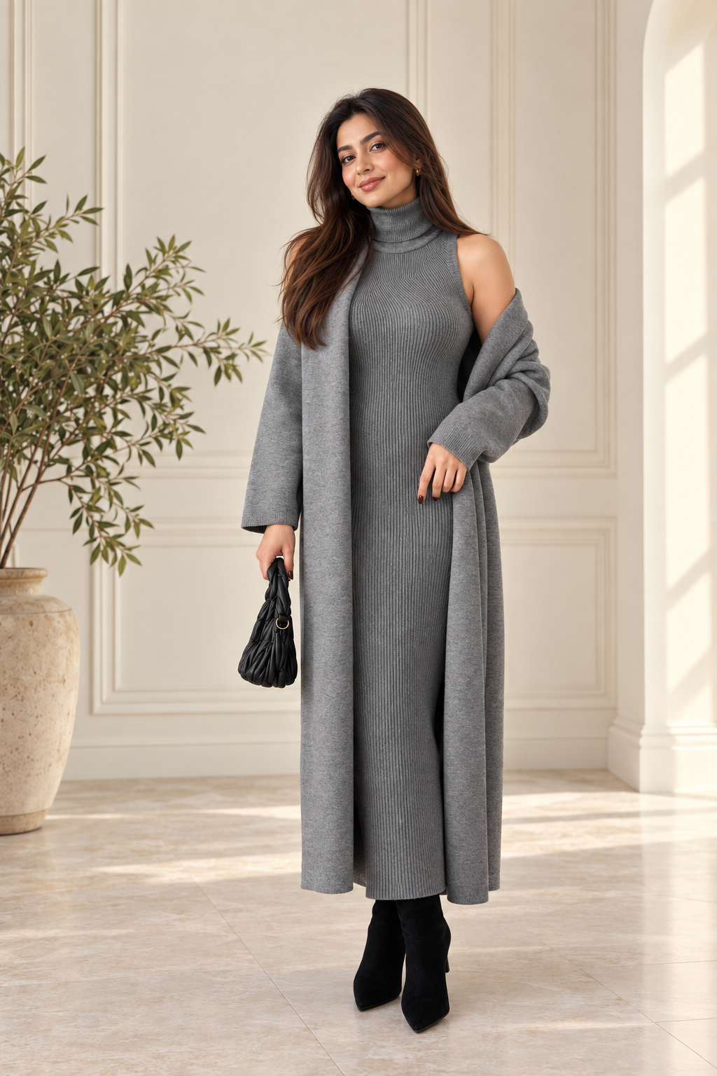 2-Piece Winter Co-ord Set – Long Shrug & Knitted Turtleneck Dress