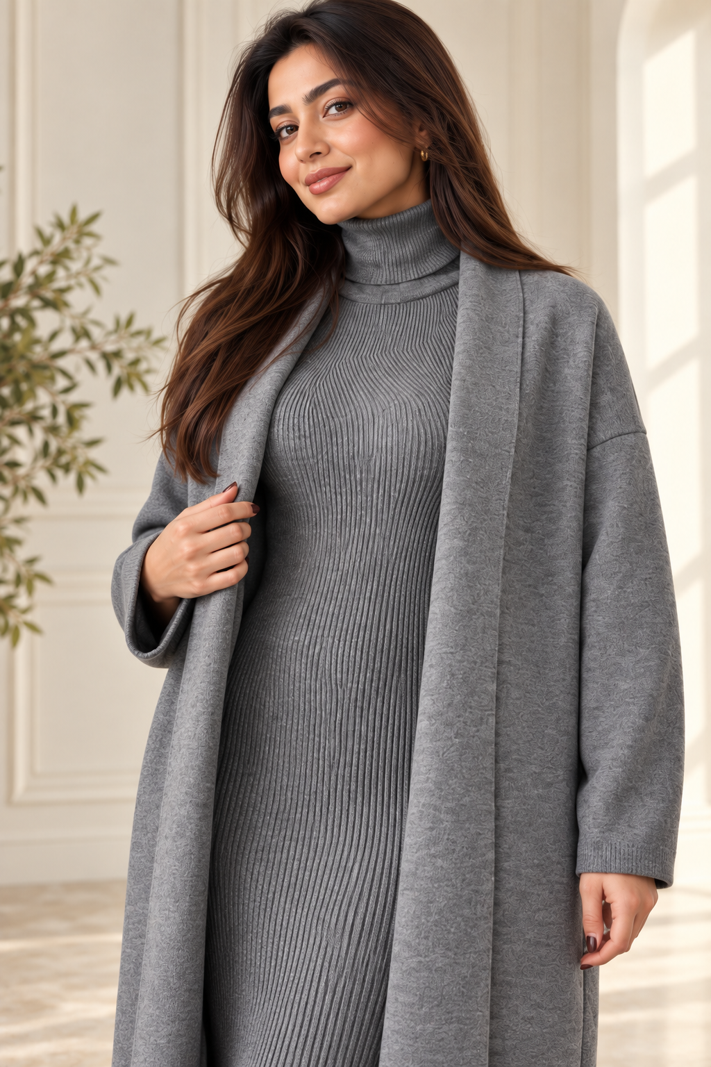 2-Piece Winter Co-ord Set – Long Shrug & Knitted Turtleneck Dress