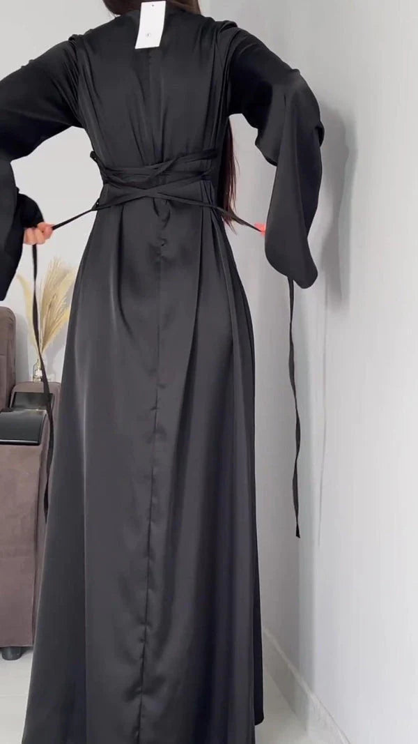 BLACK Silk Adjustable Bodycon Maxi Dress Elegant Silky Fit with Cust Badam BLACK Silk Adjustable Bodycon Maxi Dress Elegant Silky Fit with Cust Badam