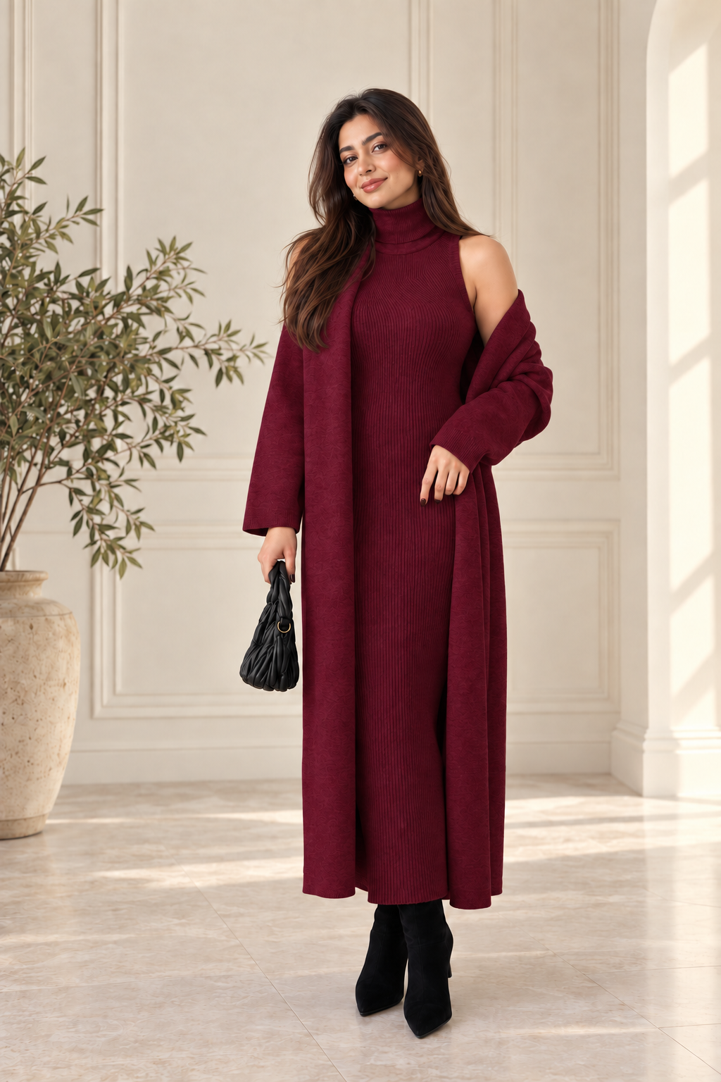 2-Piece Winter Co-ord Set – Long Shrug & Knitted Turtleneck Dress
