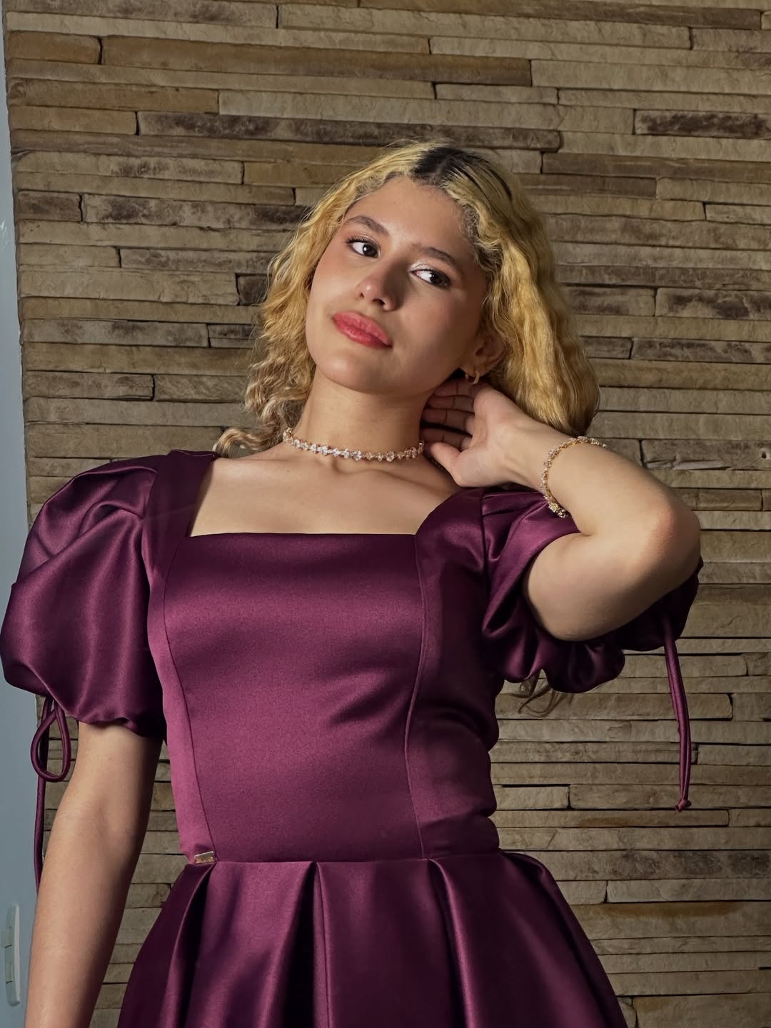 Regal Radiance: Deep Plum Silk Tea-Length Ball Gown with Puffy Sleeves