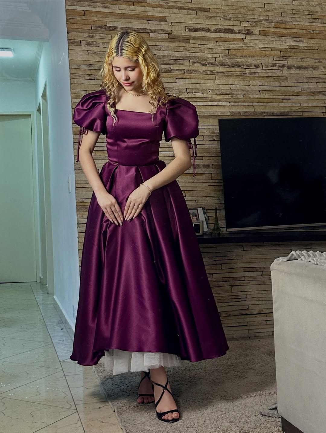 Regal Radiance: Deep Plum Silk Tea-Length Ball Gown with Puffy Sleeves