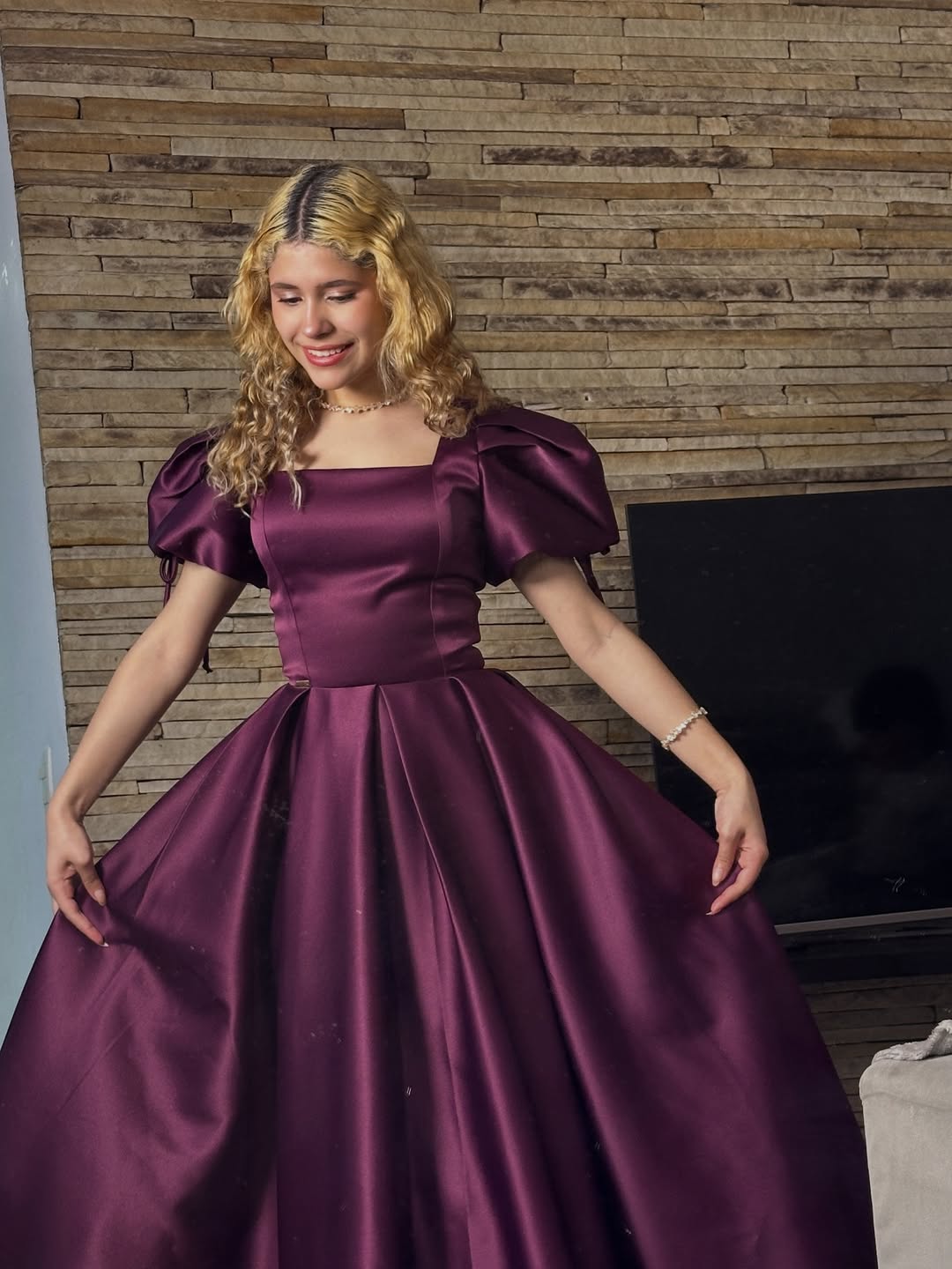 Regal Radiance: Deep Plum Silk Tea-Length Ball Gown with Puffy Sleeves