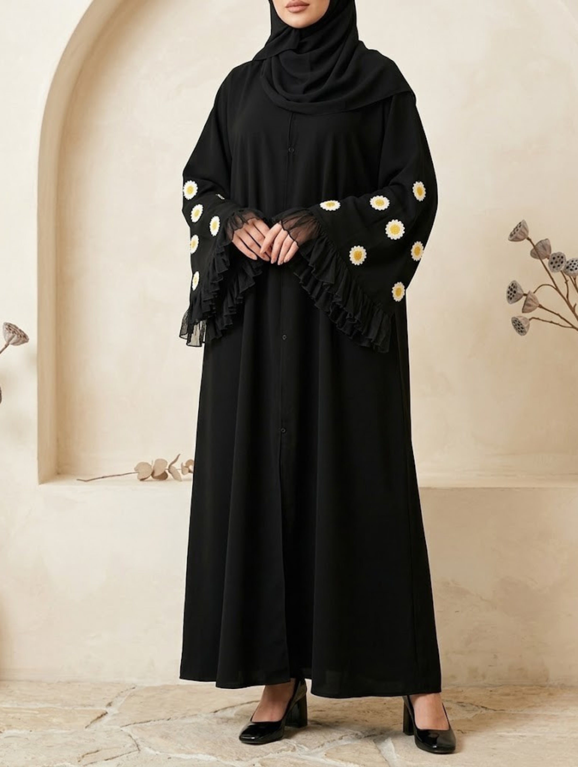 Daisy Noir Abaya with stoller