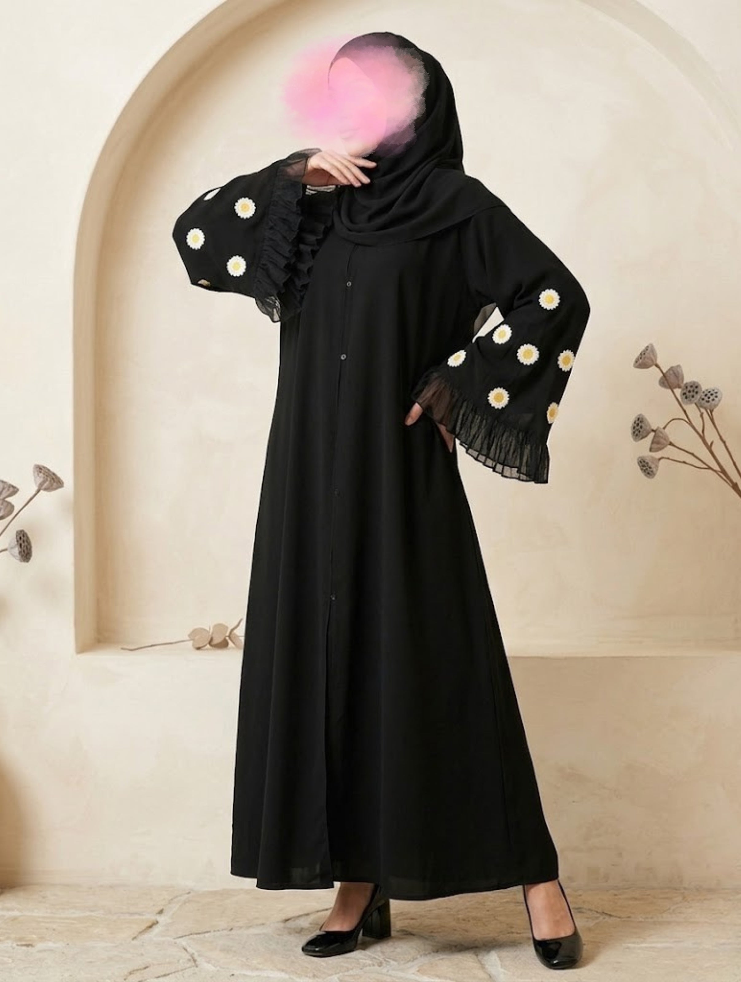 Daisy Noir Abaya with stoller