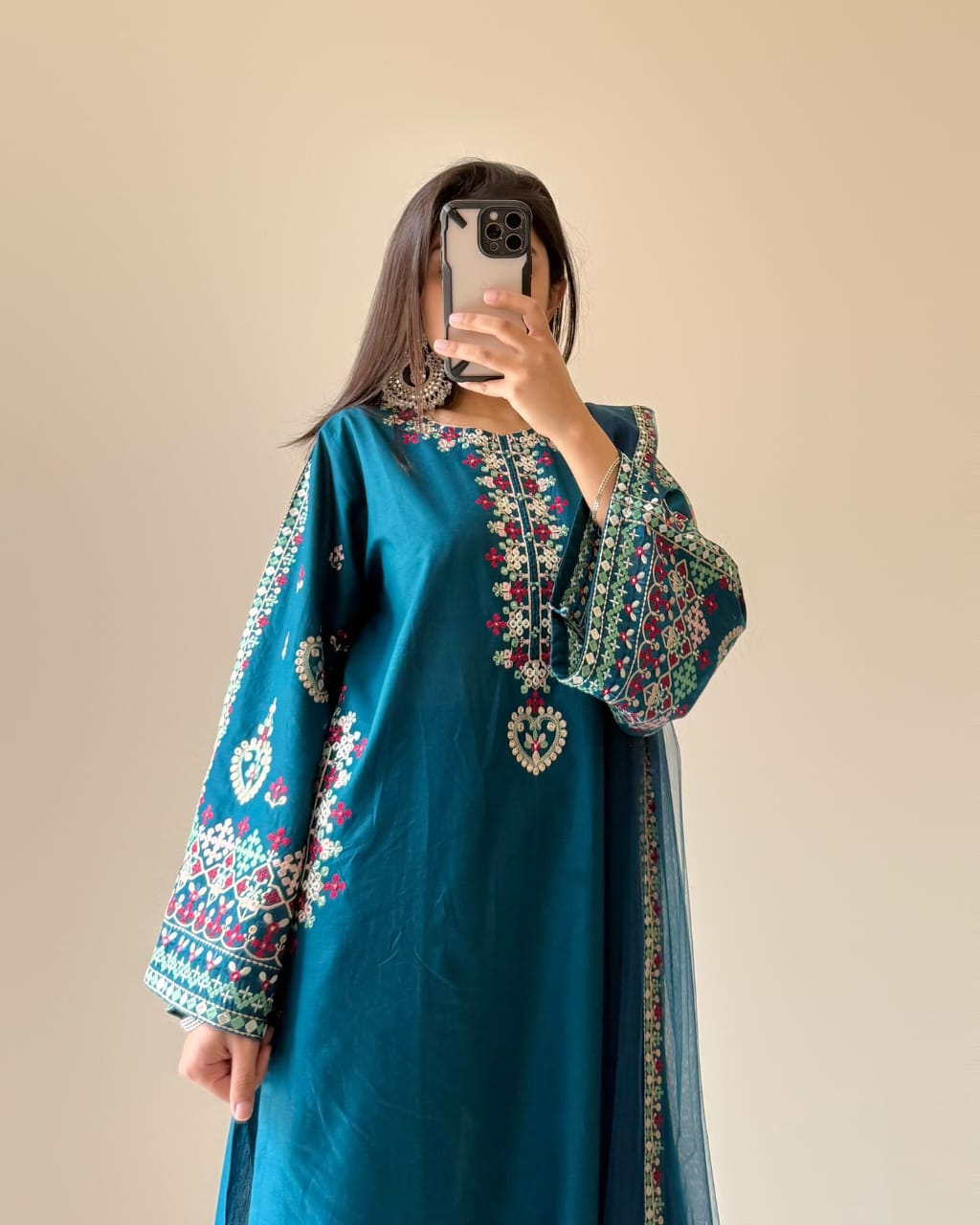 Teal Elegance Embroidered 3-Piece Suit