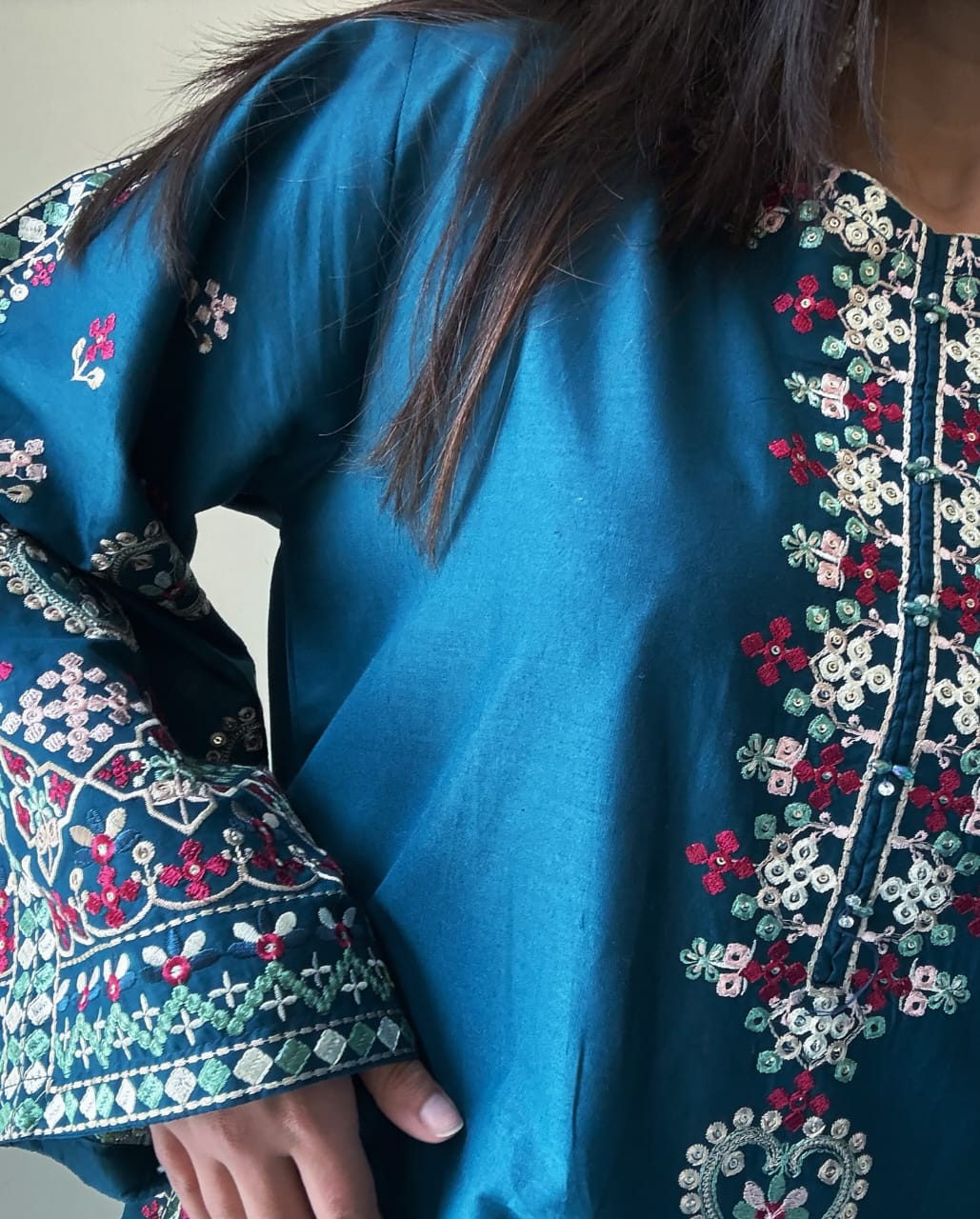 Teal Elegance Embroidered 3-Piece Suit