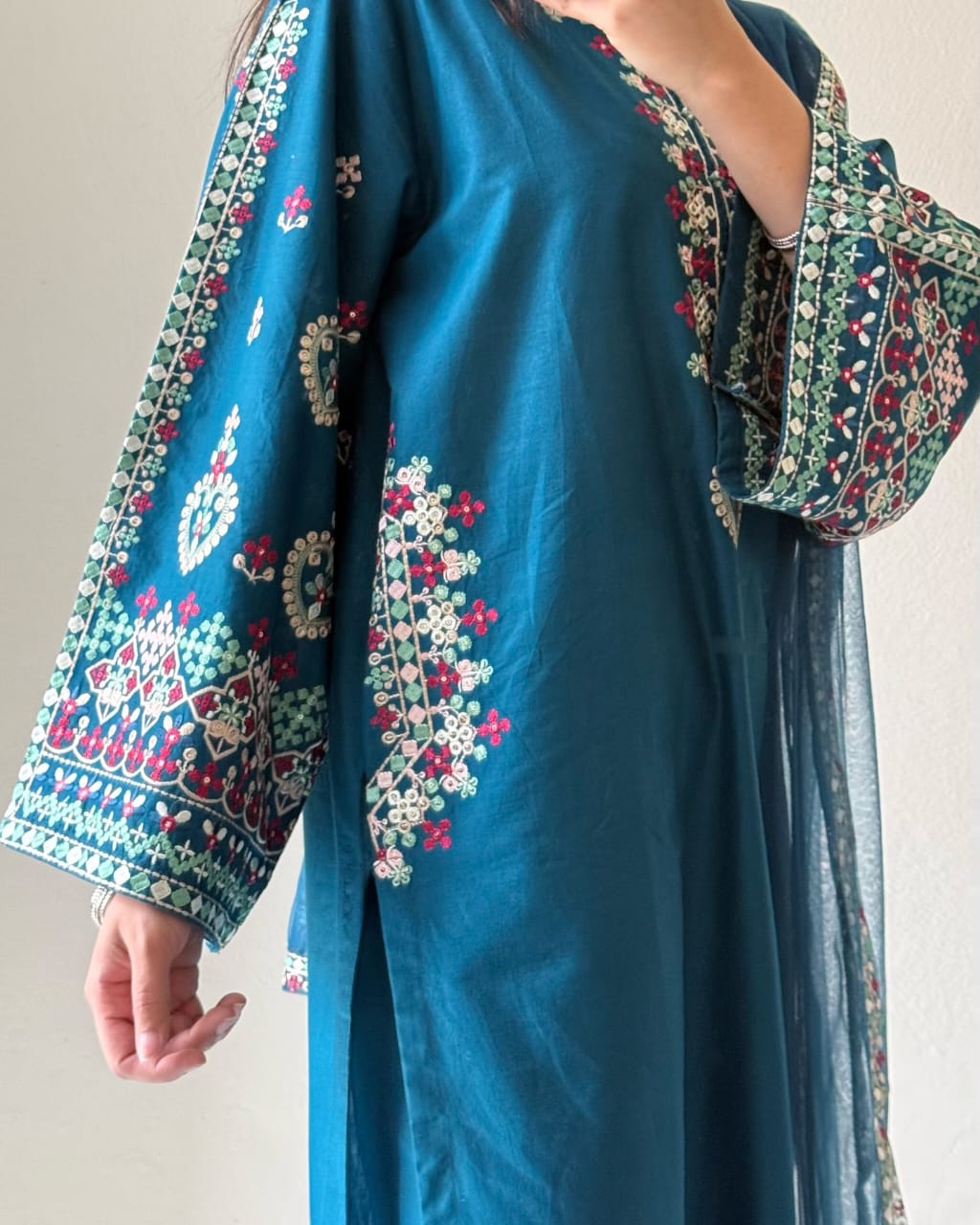 Teal Elegance Embroidered 3-Piece Suit