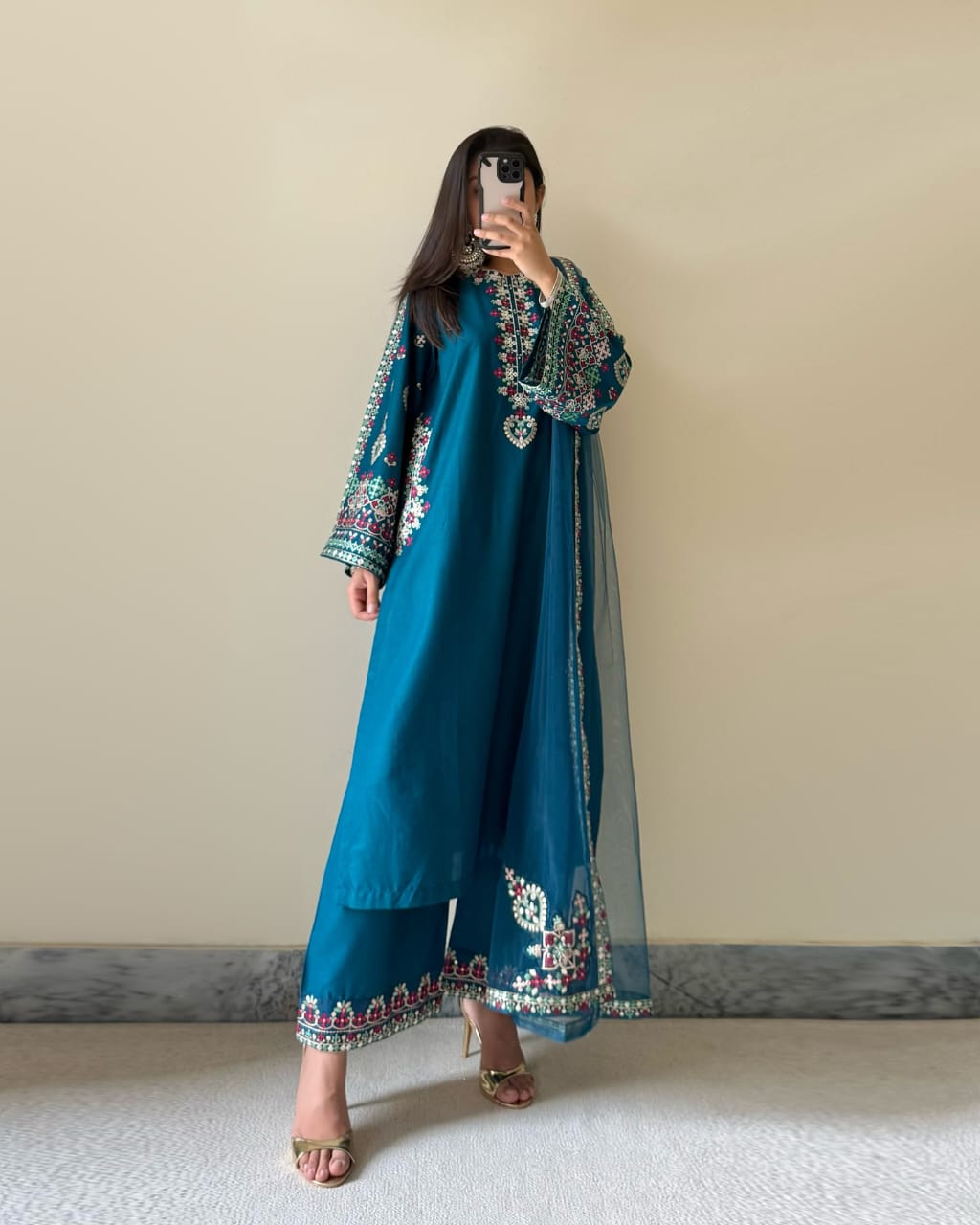 Teal Elegance Embroidered 3-Piece Suit