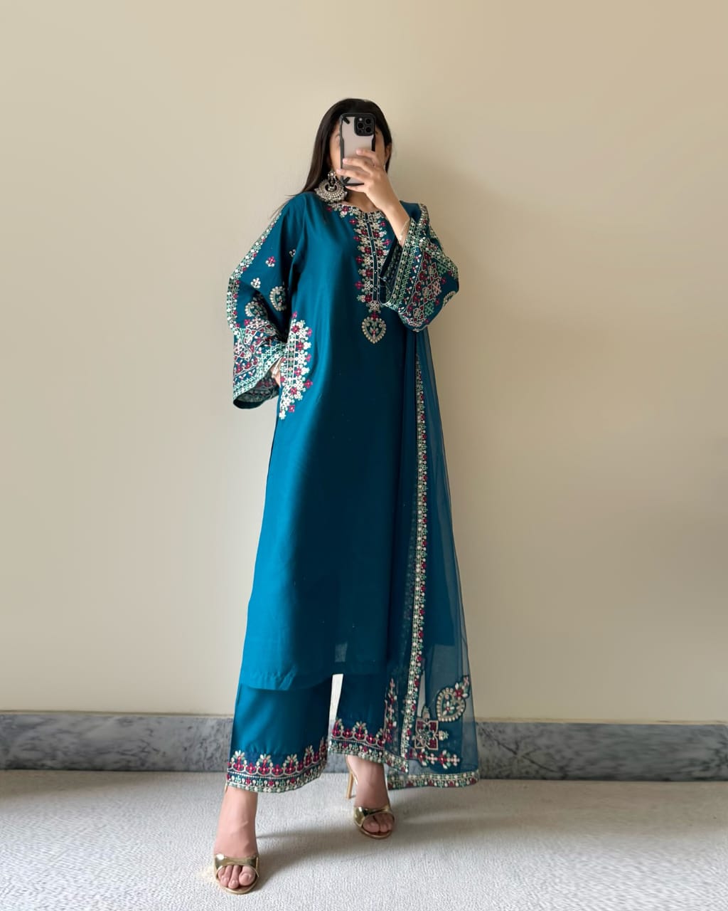 Teal Elegance Embroidered 3-Piece Suit
