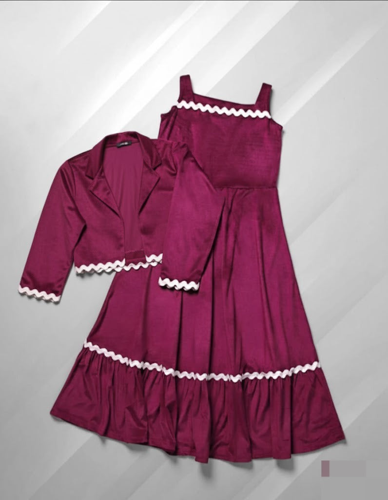 Elegant Berry Velvet Midi Dress with Contrast Trim Jacket Set