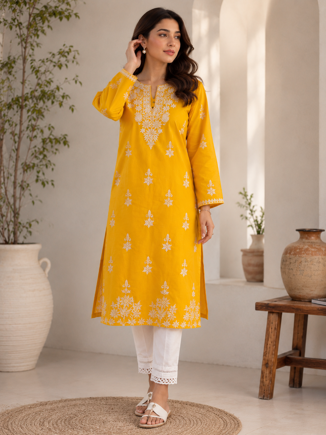 yellow Embroided Indian Kurti