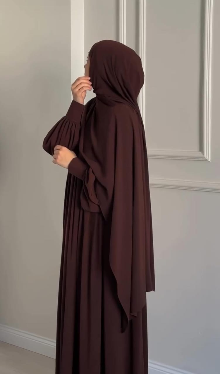 Elegant Chocolate Brown Abaya with Ruched Sleeves