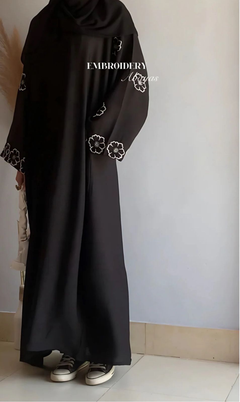 Elegant Black Abaya with White Floral Sleeve Embroidery