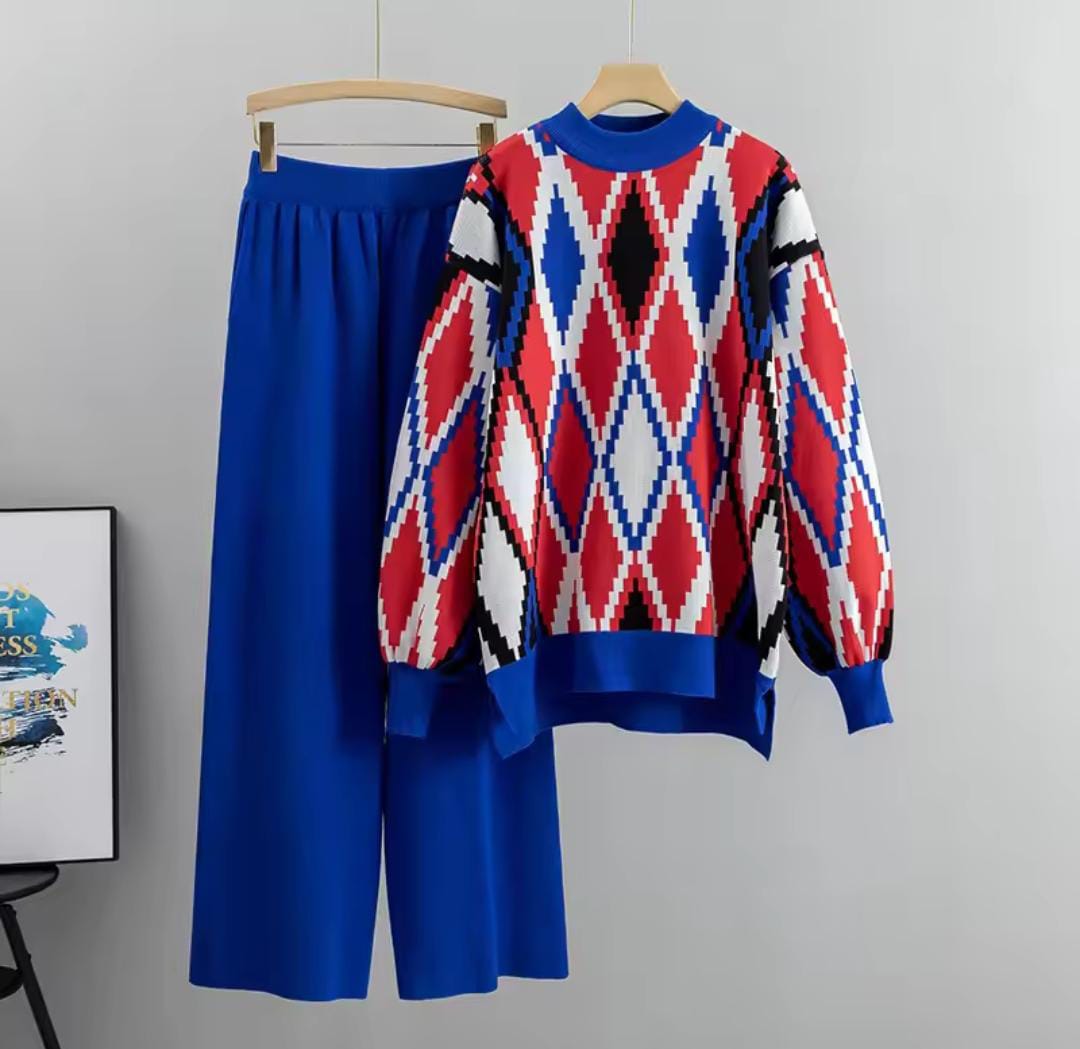 Cozy Fleece-Lined Argyle Sweater & Palazzo Pant Set
