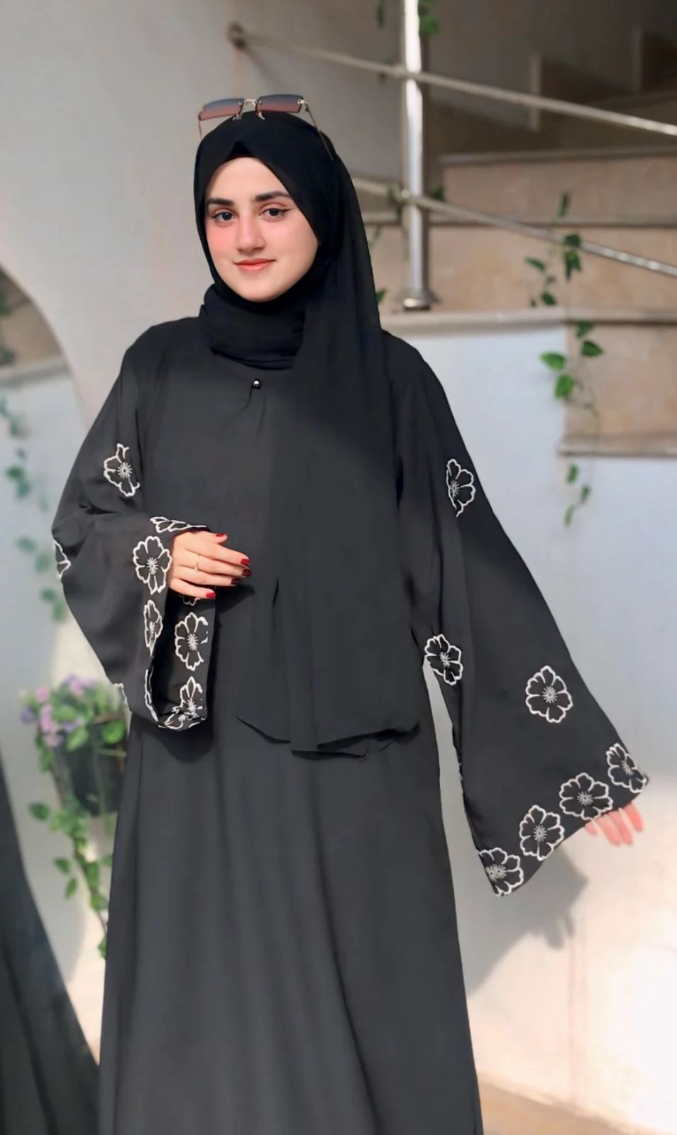Elegant Black Abaya with White Floral Sleeve Embroidery
