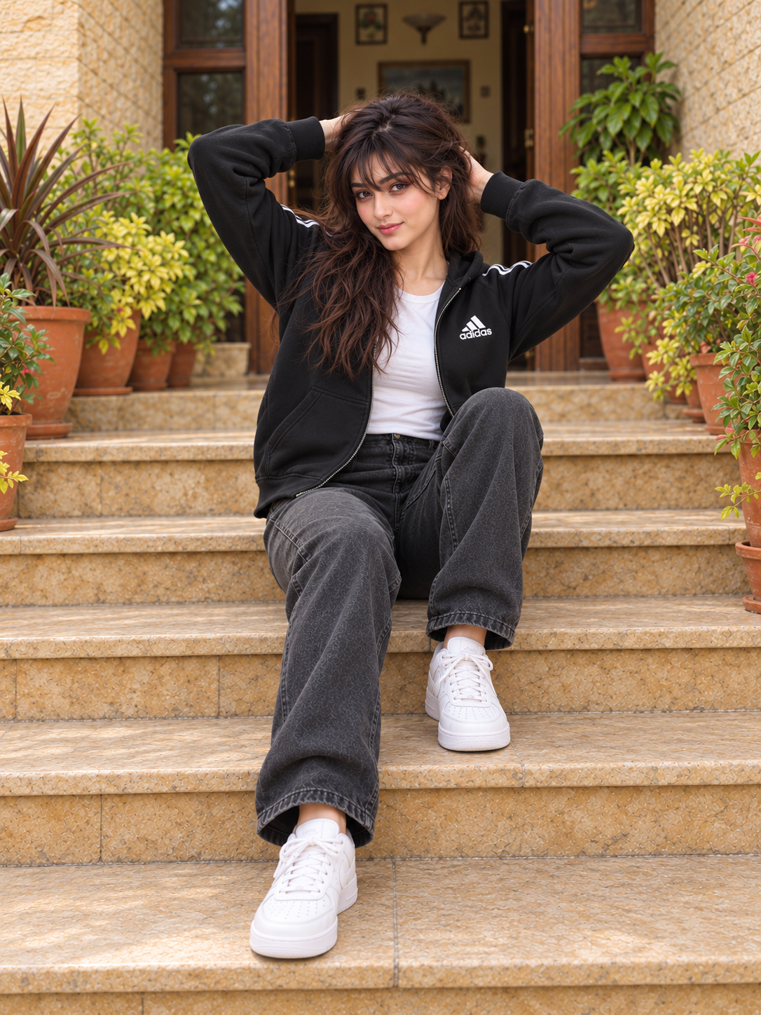 Afterhours Zip Hoodie, seated on steps with loose hair