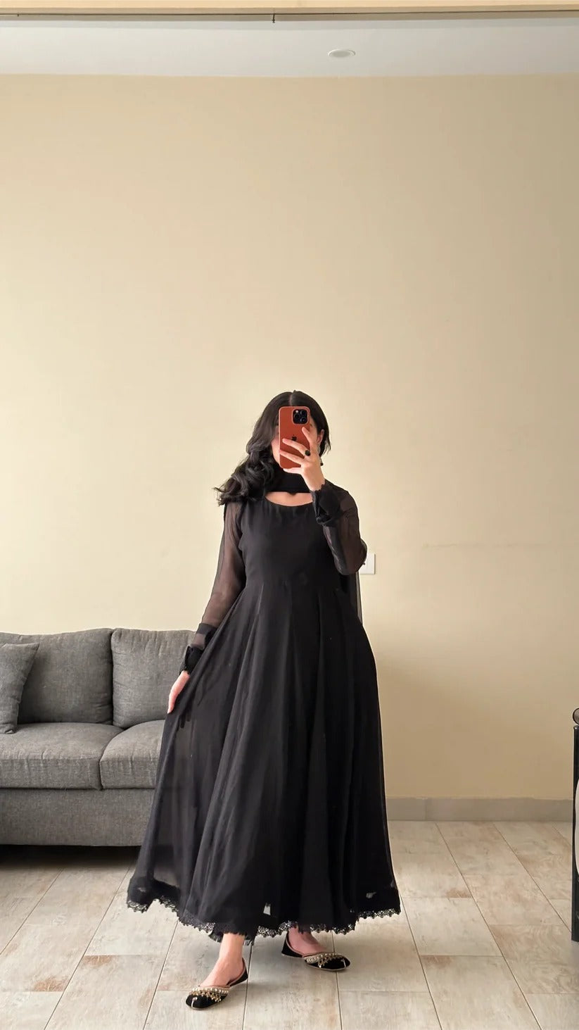 ✨ Elegant Black Anarkali 3-Piece Stitched Dress ✨