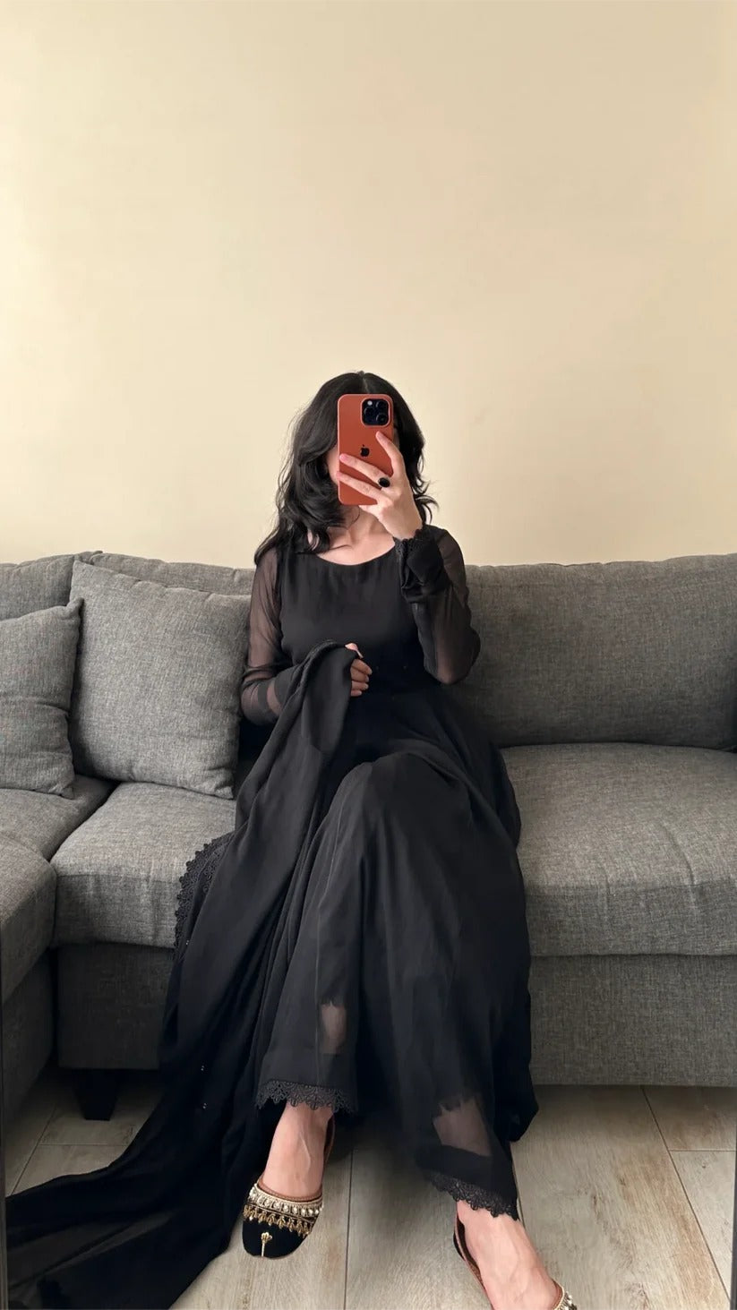 ✨ Elegant Black Anarkali 3-Piece Stitched Dress ✨