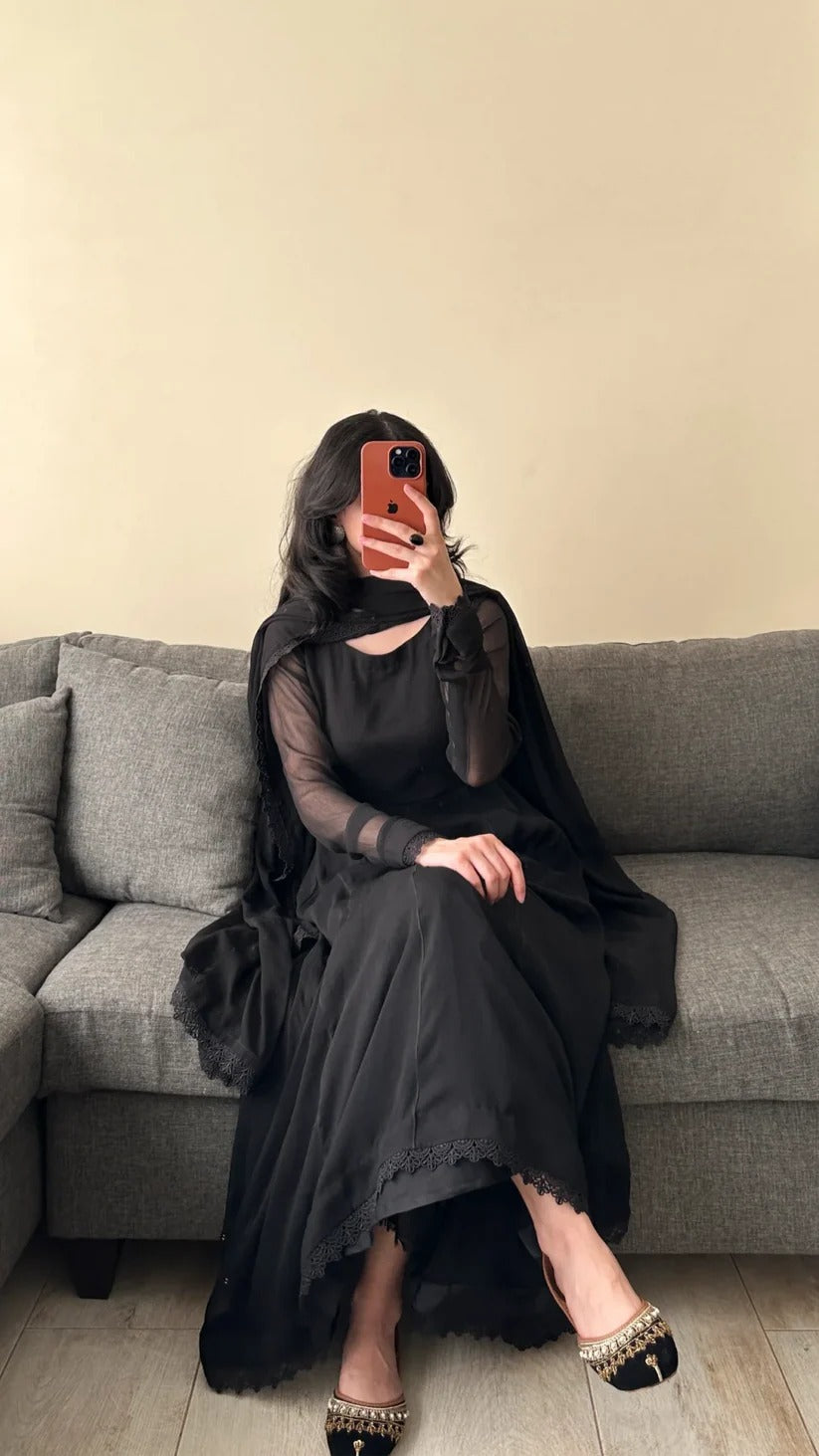 ✨ Elegant Black Anarkali 3-Piece Stitched Dress ✨