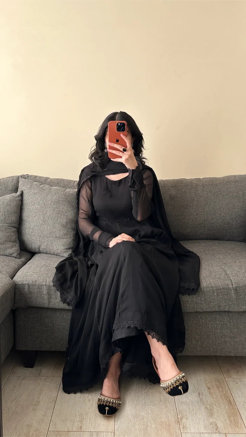✨ Elegant Black Anarkali 3-Piece Stitched Dress ✨