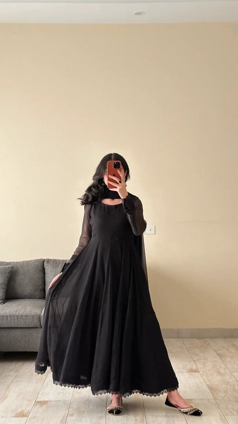 ✨ Elegant Black Anarkali 3-Piece Stitched Dress ✨