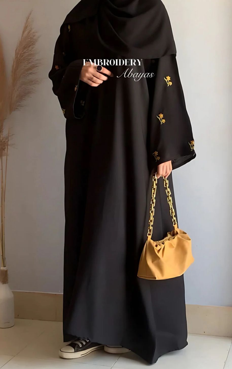 Luxury Black Abaya with Gold Floral Embroidery on Sleeves