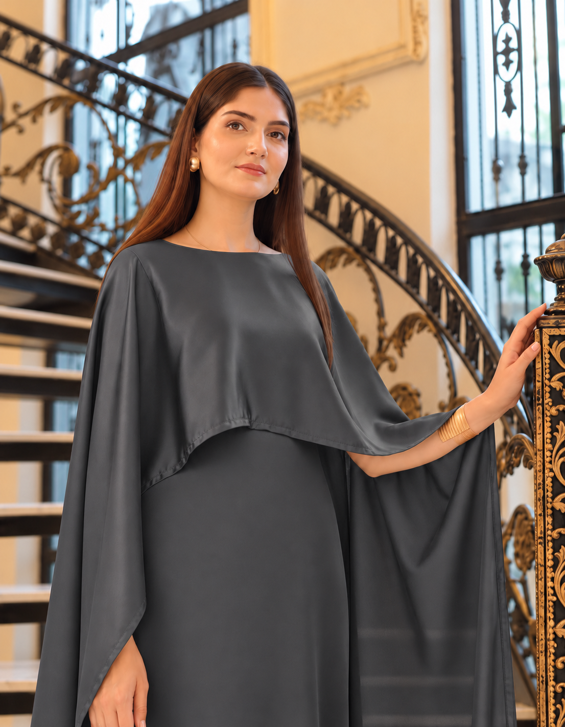 BADAM Charcoal Grey Silk Cape Gown — close shot