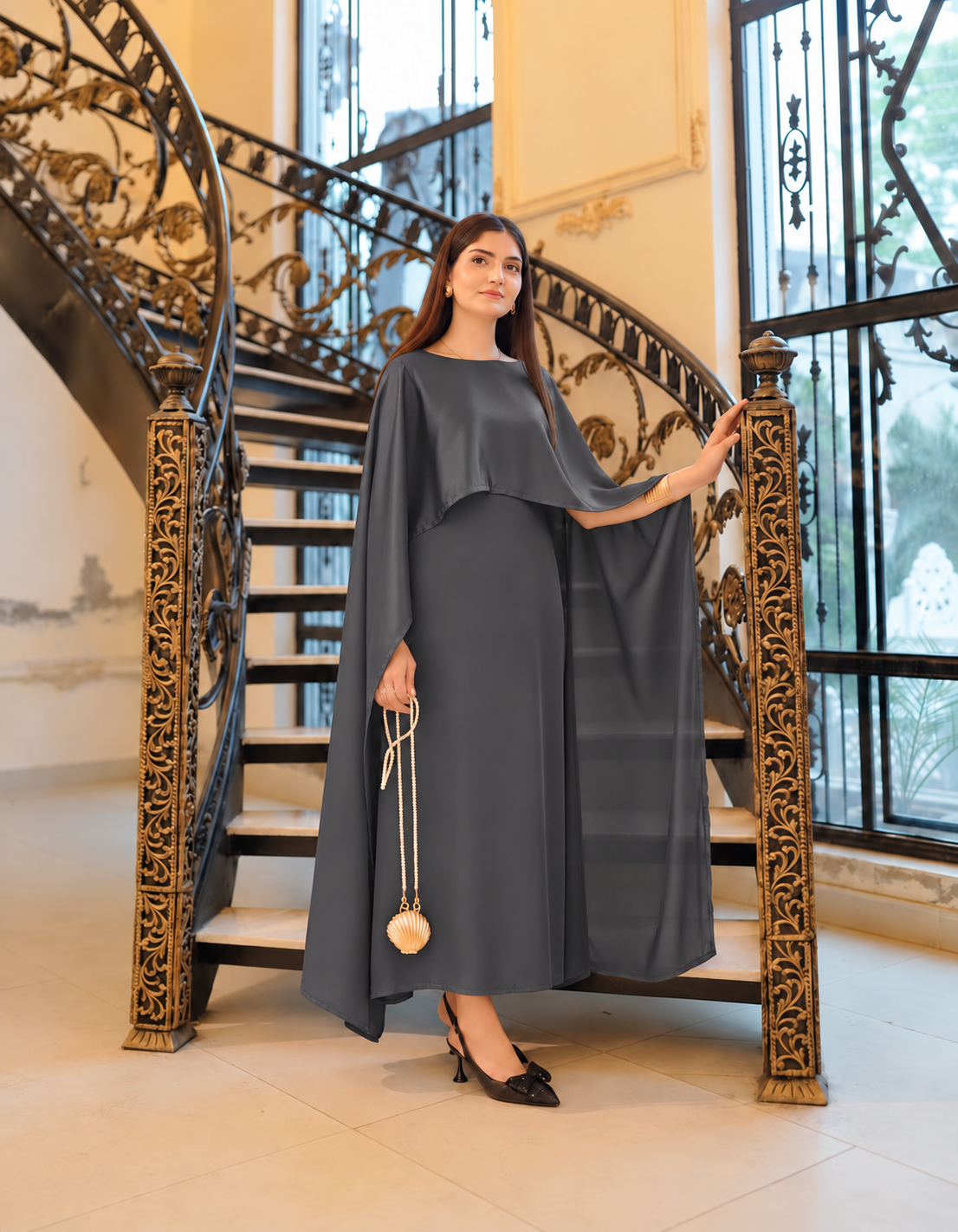 BADAM Charcoal Grey Silk Cape Gown — full shot