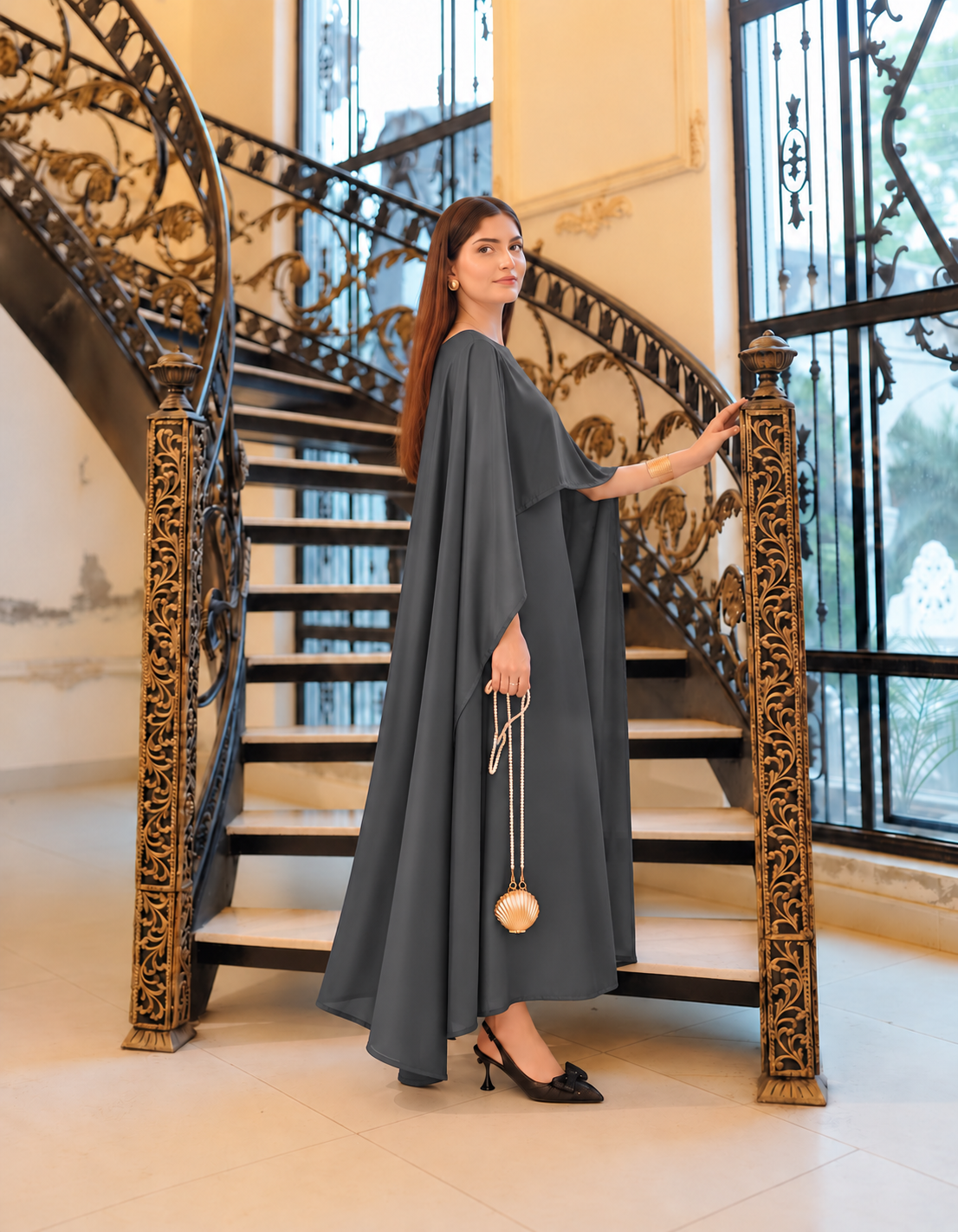 BADAM Charcoal Grey Silk Cape Gown — side shot